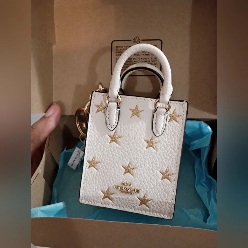 Coach, NWT, Women's, Mini Starry Bag Charm White with Gold Stars - Picture 2 of 8